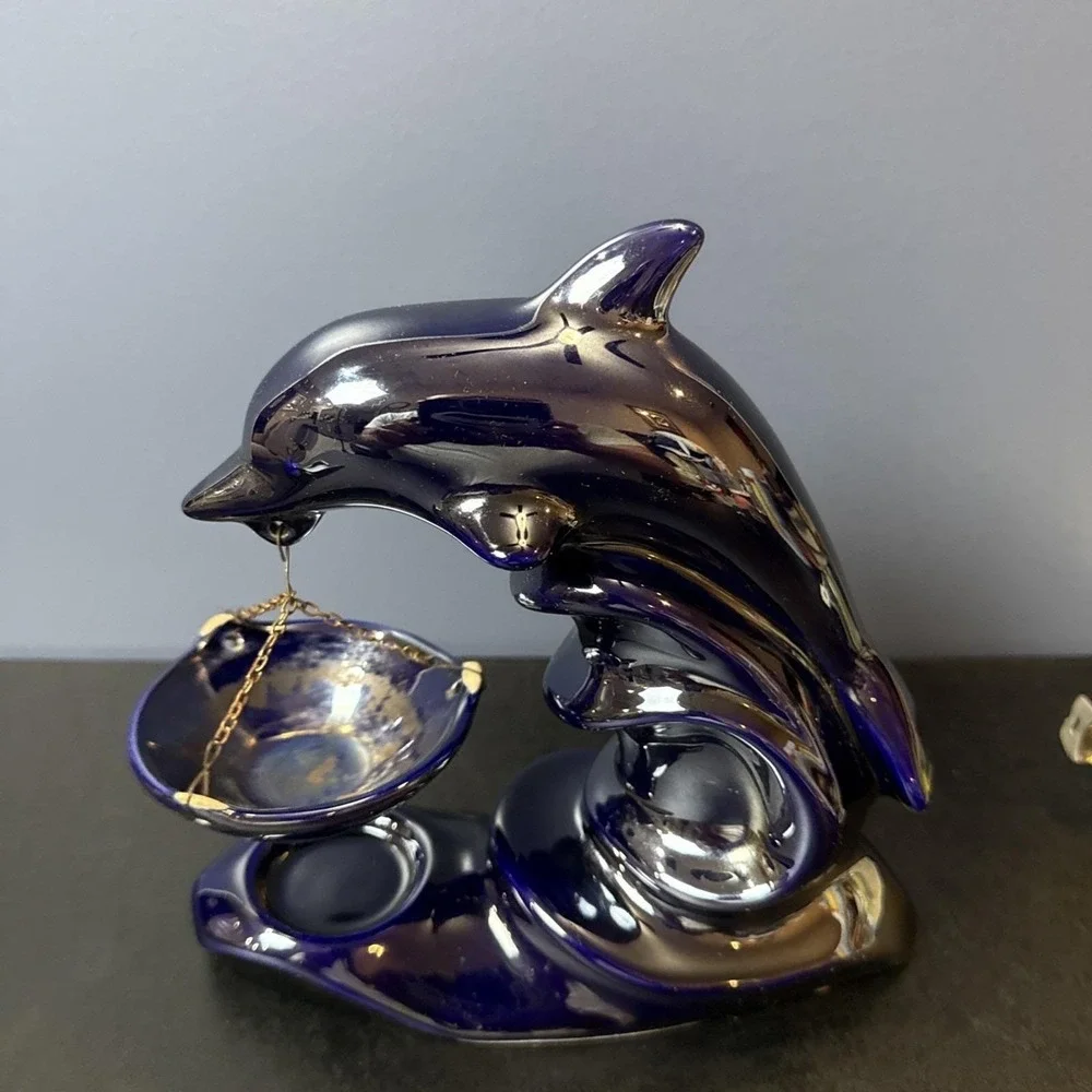 Dolphin Tea Light Candle Holder Wax Melt Made in Poland Iridescent Dark‎ Blue